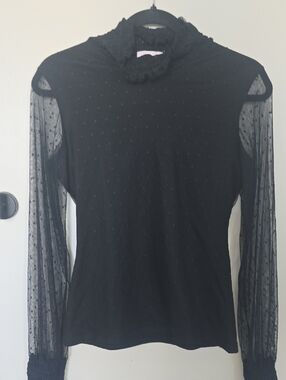 Pink Lily Black Sheer Dot Mock Neck Long Sleeve Top